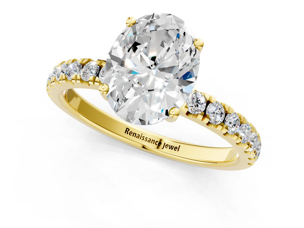 2 Carat Oval Cut Yellow gold Diamond Pave Band Solitaire Ring with Round  and Prong Setting