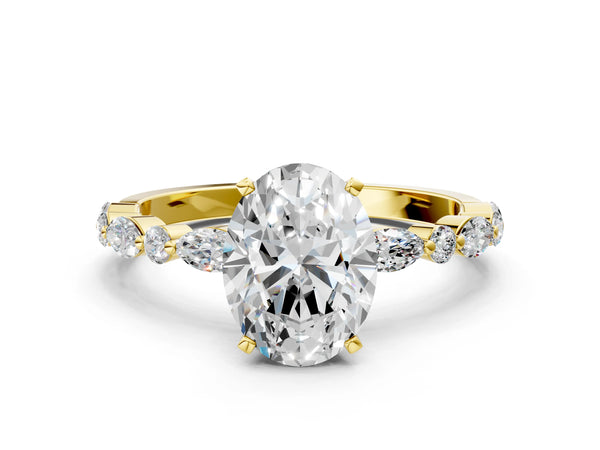 2 Carat Oval Cut Yellow gold Diamond Ring with Marquise and Round Side Stones and Four-Prong Setting