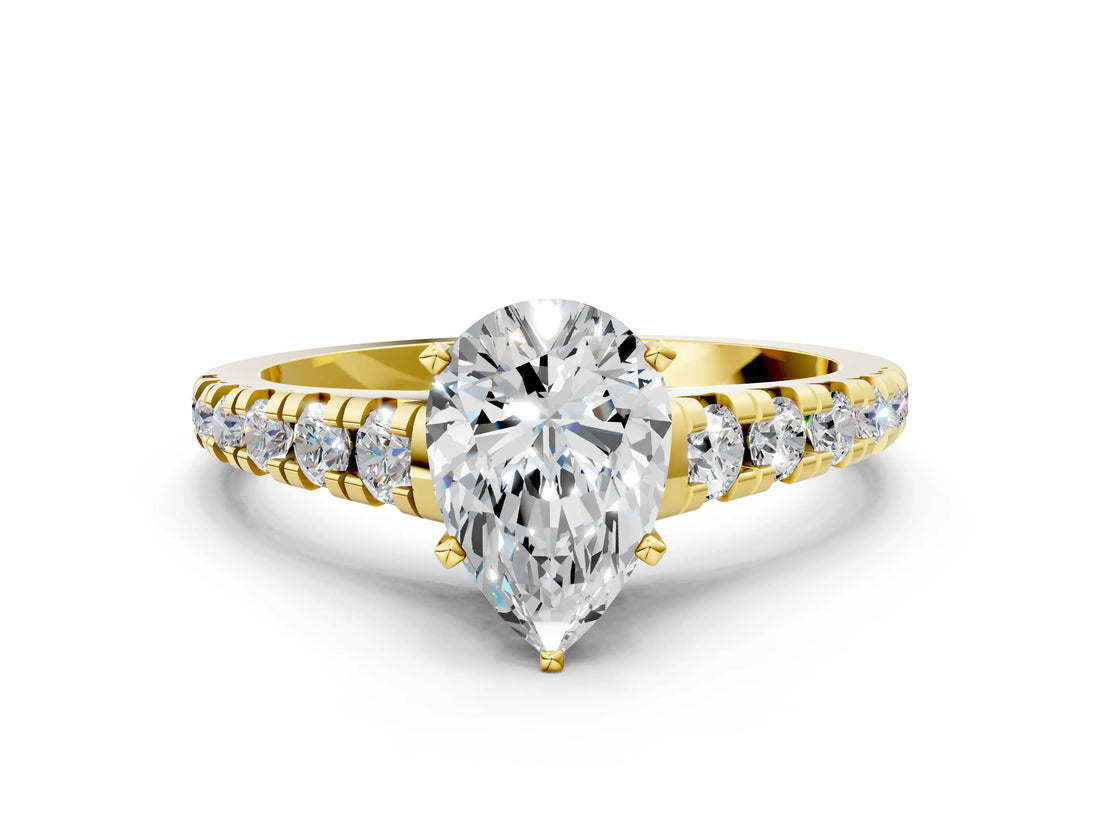 Yellow gold 2 Carat Pear Cut  Solitaire Ring with Cathedral Setting and Pavé Band