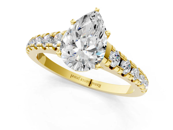 Yellow gold 2 Carat Pear Cut Diamond Cathedral Solitaire Ring with Round  Pavé Band