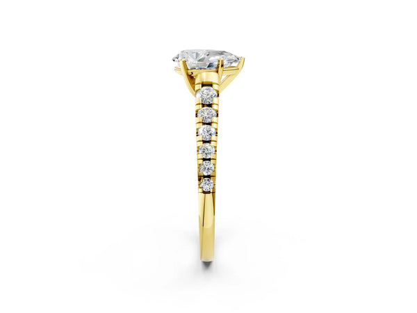 Yellow gold 2 Carat Pear Cut Diamond Cathedral Solitaire Ring with Round  Pavé Band