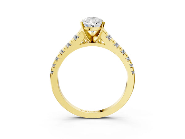Yellow gold 2 Carat Pear Cut Diamond Cathedral Solitaire Ring with Round  Pavé Band
