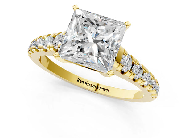 Yellow gold 2 Carat Princess Cut Diamond Cathedral Solitaire Ring with Round  Pavé Band
