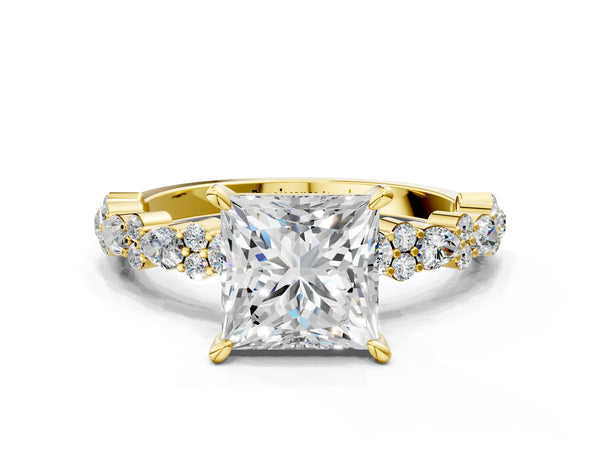 2 Carat Princess Cut Yellow gold Diamond Side Stone Solitaire Ring with Round and Four-Prong Setting