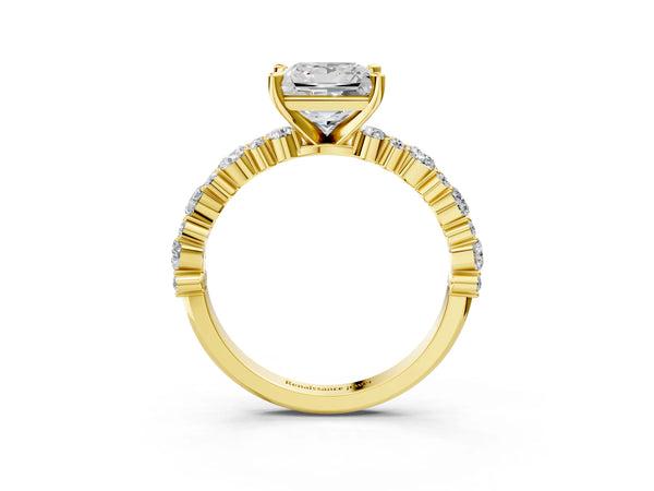 2 Carat Princess Cut Yellow gold Diamond Side Stone Solitaire Ring with Round and Four-Prong Setting