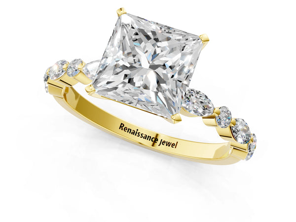 2 Carat Princess Cut Yellow gold Diamond Ring with Marquise and Round Side Stones and Four-Prong Setting
