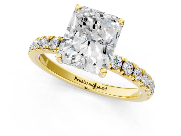 2 Carat Radiant Cut Yellow gold Diamond Pave Band Solitaire Ring with Round  and Prong Setting