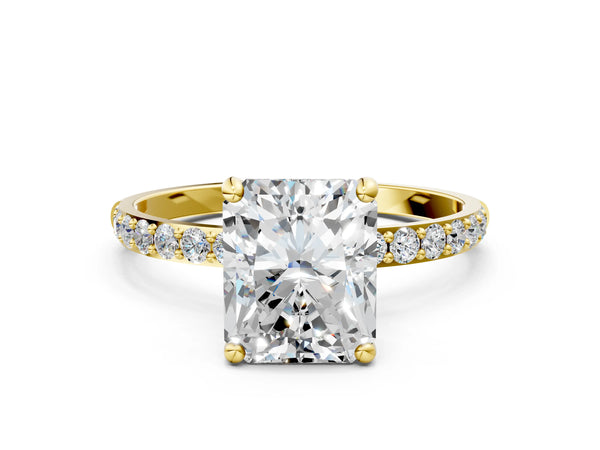 2 Carat Radiant Cut Yellow gold Diamond Solitaire Ring with Round  Pavé Band and Prong Setting