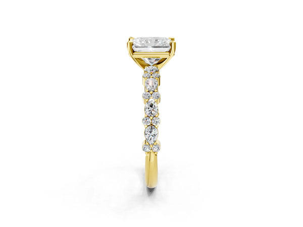 2 Carat Radiant Cut Yellow gold Diamond Side Stone Solitaire Ring with Round and Four-Prong Setting