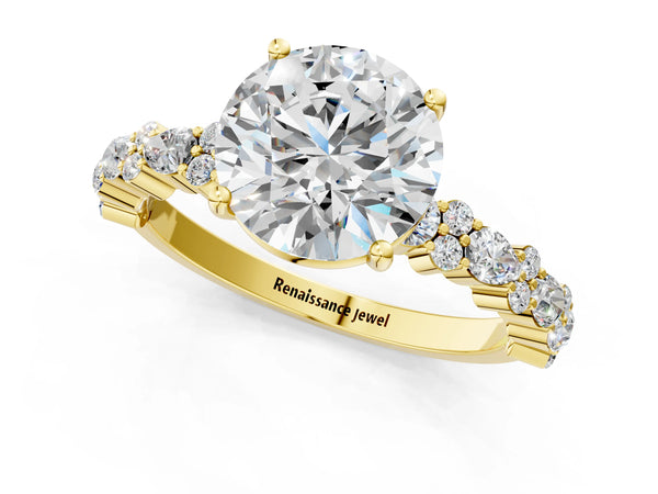 2 Carat Round Cut Yellow gold Diamond Side Stone Solitaire Ring with Round and Four-Prong Setting