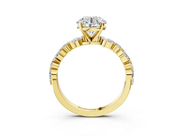 2 Carat Round Cut Yellow gold Diamond Ring with Marquise and Round Side Stones and Four-Prong Setting