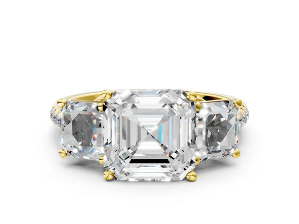 Yellow gold 2 Carat Three-Stone Asscher Cut Diamond Ring with Round  Pavé Band and Prong Setting