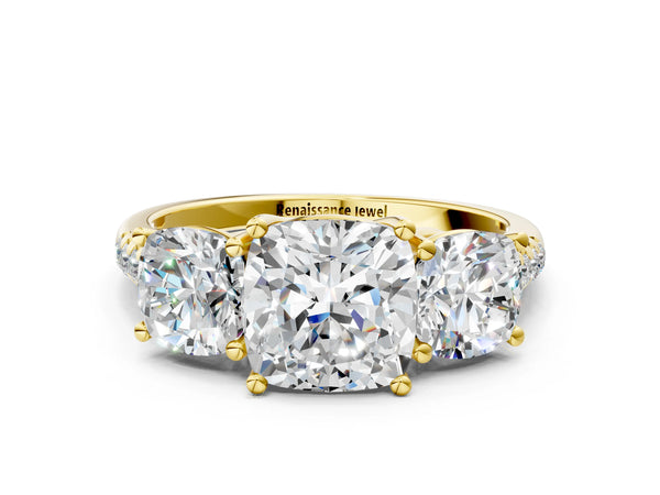 Yellow gold 2 Carat Three-Stone Cushion Cut Diamond Ring with Round  Pavé Band and Prong Setting