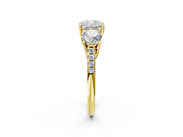 Yellow gold 2 Carat Three-Stone Cushion Cut Diamond Ring with Round  Pavé Band and Prong Setting