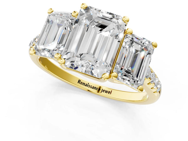 Yellow gold 2 Carat Three-Stone Emerald Cut Diamond Ring with Round  Pavé Band and Prong Setting