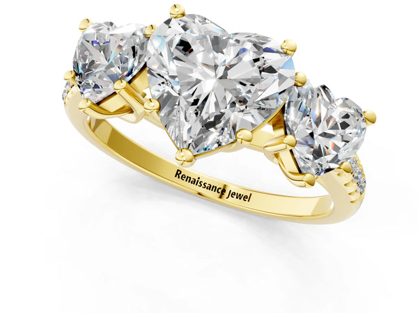 Yellow gold 2 Carat Three-Stone Heart Cut Diamond Ring with Round  Pavé Band and Prong Setting