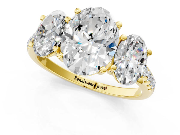 Yellow gold 2 Carat Three-Stone Oval Cut Diamond Ring with Round  Pavé Band and Prong Setting