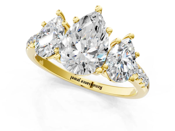 Yellow gold 2 Carat Three-Stone Pear Cut Diamond Ring with Round  Pavé Band and Prong Setting