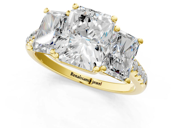 Yellow gold 2 Carat Three-Stone Radiant Cut Diamond Ring with Round  Pavé Band and Prong Setting