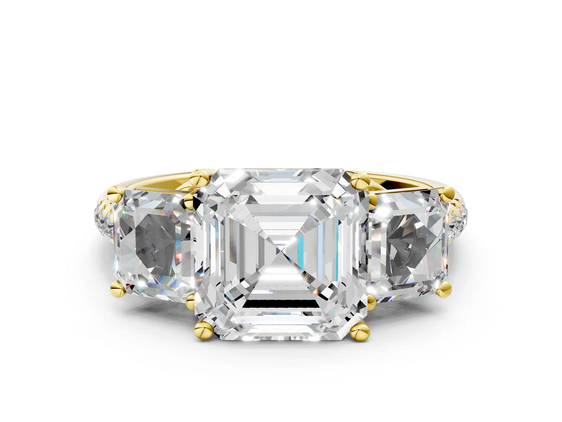 Yellow gold 2.5 Carat Three-Stone Asscher Cut Diamond Ring with Round  Pavé Band and Prong Setting_12