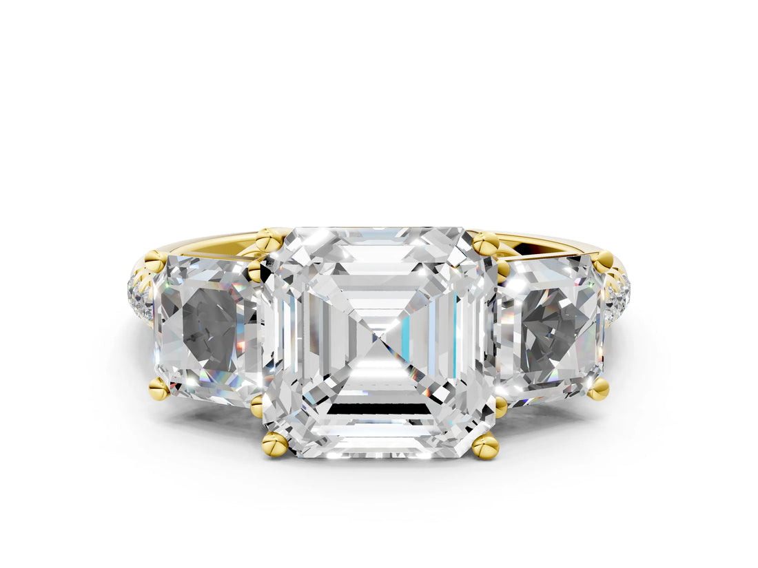 Yellow gold 2.5 Carat Three-Stone Asscher Cut Diamond Ring with Round  Pavé Band and Prong Setting_24