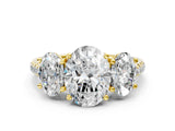 Yellow gold 2.5 Carat Three-Stone Oval Cut  Ring with Pavé Band and Prong Setting