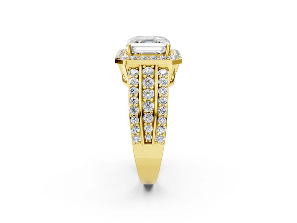 3 Carat Asscher Cut Yellow gold Halo Diamond Ring with Round  Split Shank and Prong Setting