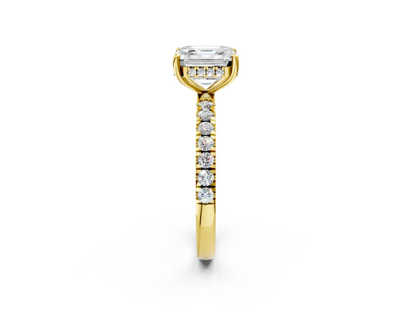 3 Carat Asscher Cut Yellow gold Diamond Pave Band Solitaire Ring with Round  and Prong Setting