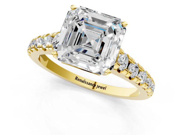 3 Carat Asscher Cut Yellow gold Diamond Cathedral Solitaire Ring with Round  Pavé Band