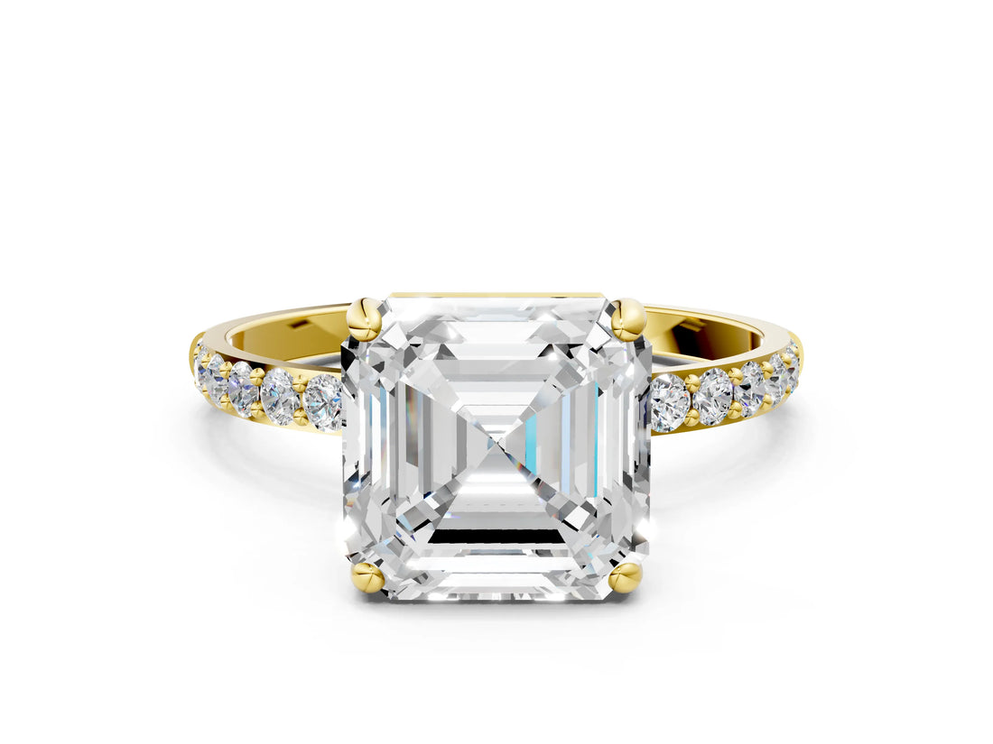 Yellow gold 3 Carat Asscher Cut  Solitaire Ring with Pave Band and Four Prong Setting
