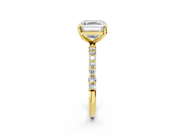 3 Carat Asscher Cut Yellow gold Diamond Solitaire Ring with Round  Pavé Band and Prong Setting