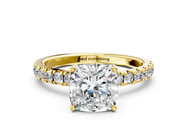 3 Carat Cushion Cut Yellow gold Diamond Pave Band Solitaire Ring with Round  and Prong Setting