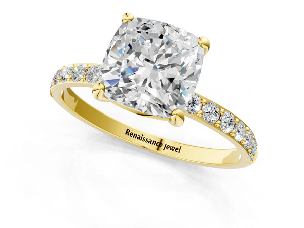 3 Carat Cushion Cut Yellow gold Diamond Solitaire Ring with Round  Pavé Band and Prong Setting