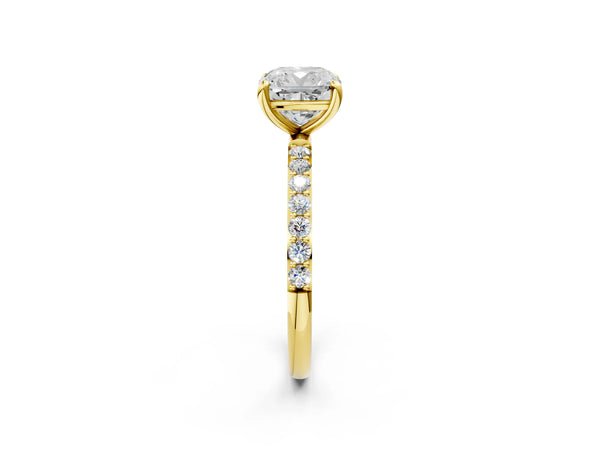 3 Carat Cushion Cut Yellow gold Diamond Solitaire Ring with Round  Pavé Band and Prong Setting