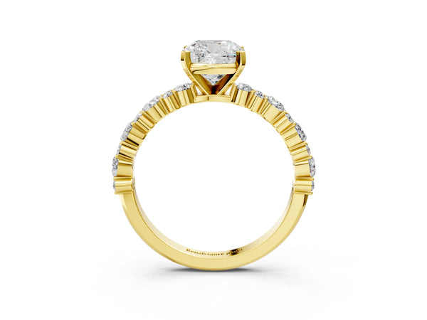 3 Carat Cushion Cut Yellow gold Diamond Side Stone Solitaire Ring with Round and Four-Prong Setting