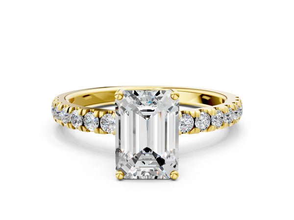 3 Carat Emerald Cut Yellow gold Diamond Pave Band Solitaire Ring with Round  and Prong Setting