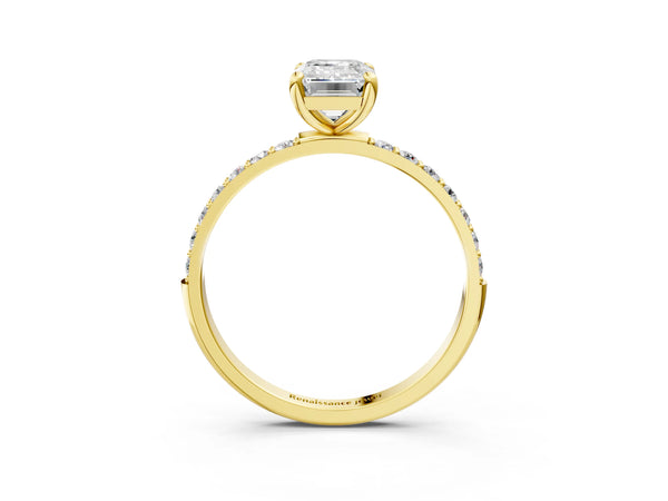 3 Carat Emerald Cut Yellow gold Diamond Solitaire Ring with Round  Pavé Band and Prong Setting
