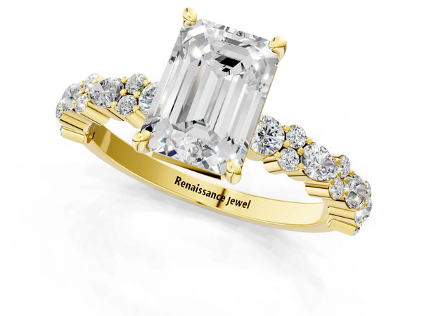 3 Carat Emerald Cut Yellow gold Diamond Side Stone Solitaire Ring with Round and Four-Prong Setting