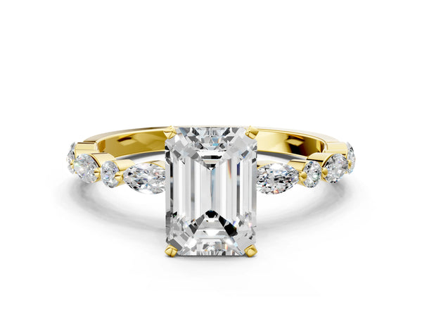 3 Carat Emerald Cut Yellow gold Diamond Ring with Marquise and Round Side Stones and Four-Prong Setting