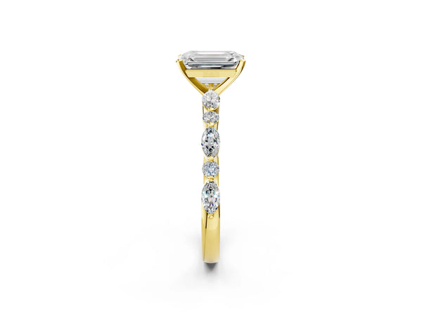 3 Carat Emerald Cut Yellow gold Diamond Ring with Marquise and Round Side Stones and Four-Prong Setting