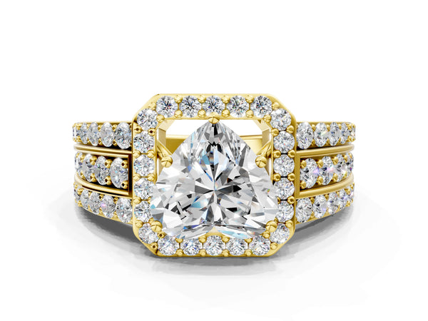 3 Carat Heart Cut Yellow gold Halo Diamond Ring with Round  Split Shank and Prong Setting