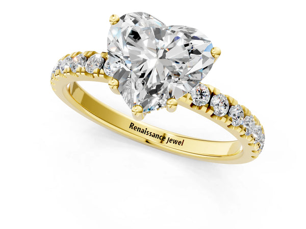 3 Carat Heart Cut Yellow gold Diamond Pave Band Solitaire Ring with Round  and Prong Setting