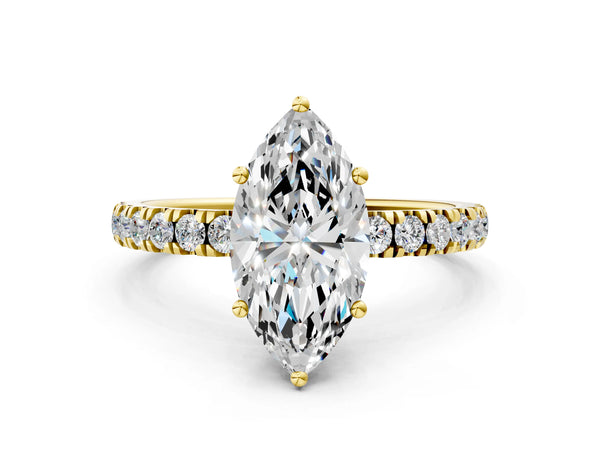 3 Carat Marquise Cut Yellow gold Diamond Pave Band Solitaire Ring with Round  and Prong Setting