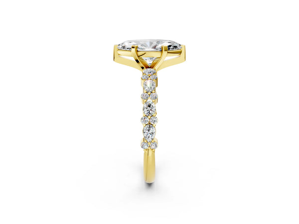 3 Carat Marquise Cut Yellow gold Diamond Side Stone Solitaire Ring with Round and Four-Prong Setting