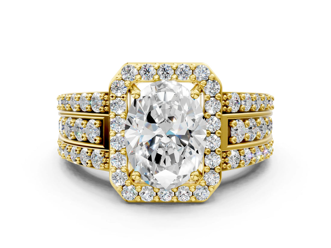 Yellow gold 3 Carat Oval Cut Halo  Ring with Split Shank and Four-Prong Setting