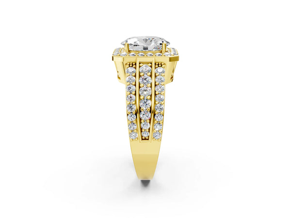 3 Carat Oval Cut Yellow gold Halo Diamond Ring with Round  Split Shank and Prong Setting