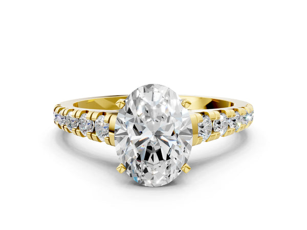 Yellow gold 3 Carat Oval Cut Diamond Cathedral Solitaire Ring with Round  Pavé Band