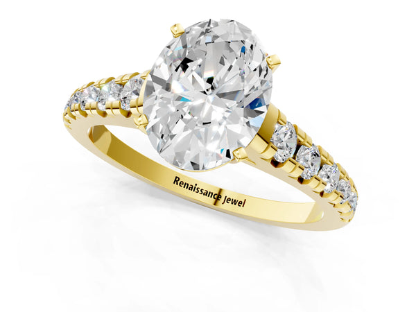 Yellow gold 3 Carat Oval Cut Diamond Cathedral Solitaire Ring with Round  Pavé Band