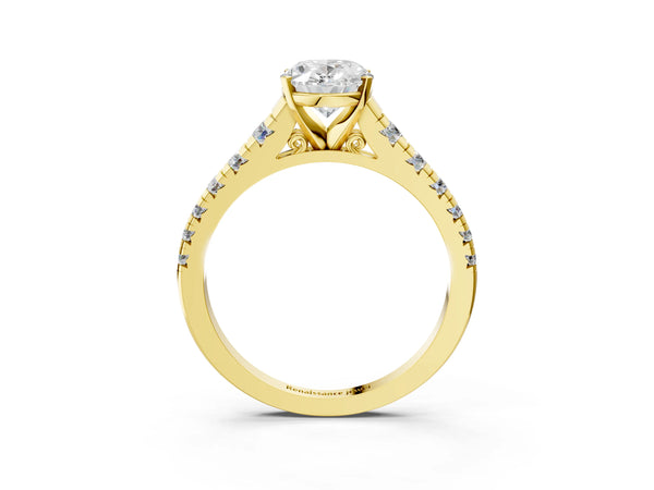 Yellow gold 3 Carat Oval Cut Diamond Cathedral Solitaire Ring with Round  Pavé Band