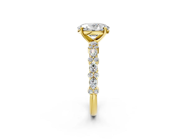 3 Carat Oval Cut Yellow gold Diamond Side Stone Solitaire Ring with Round and Four-Prong Setting